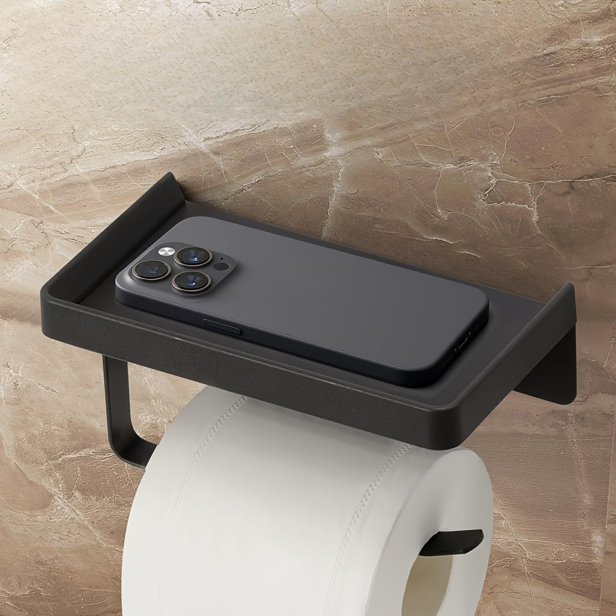 A Black Metal Toilet Paper Holder That Is Easy to Install Without Nails, Also Serves As a Multifunctional Storage Rack for Kitchens And Bathrooms, Ideal for Organizing Spices And Other Items