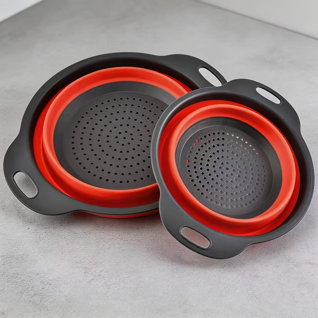 Collapsible Colander, 2pcs Set of Collapsible Strainers, Space-Saving Kitchen, Food-Grade Silicone Folding Strainer Colander with Handle, Red