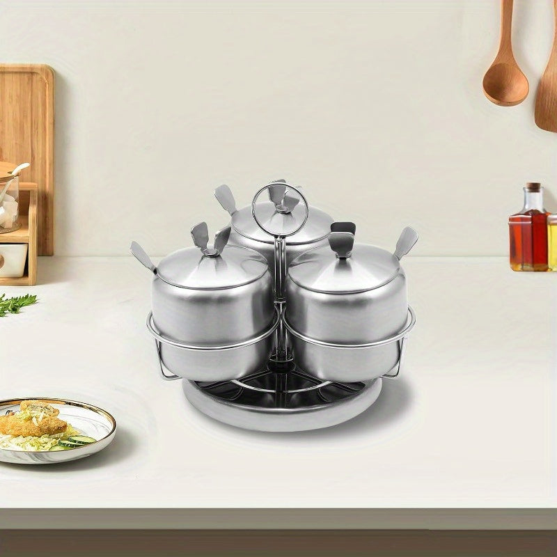Premium 3pcs Adjustable Home Storage Rack – durable multi-purpose storage, 3pcs Stainless Steel Rotating Spice Rack Condiment Set with Spinning Base Lids Spoons -, designed for American homes, daily convenience and practical gifting