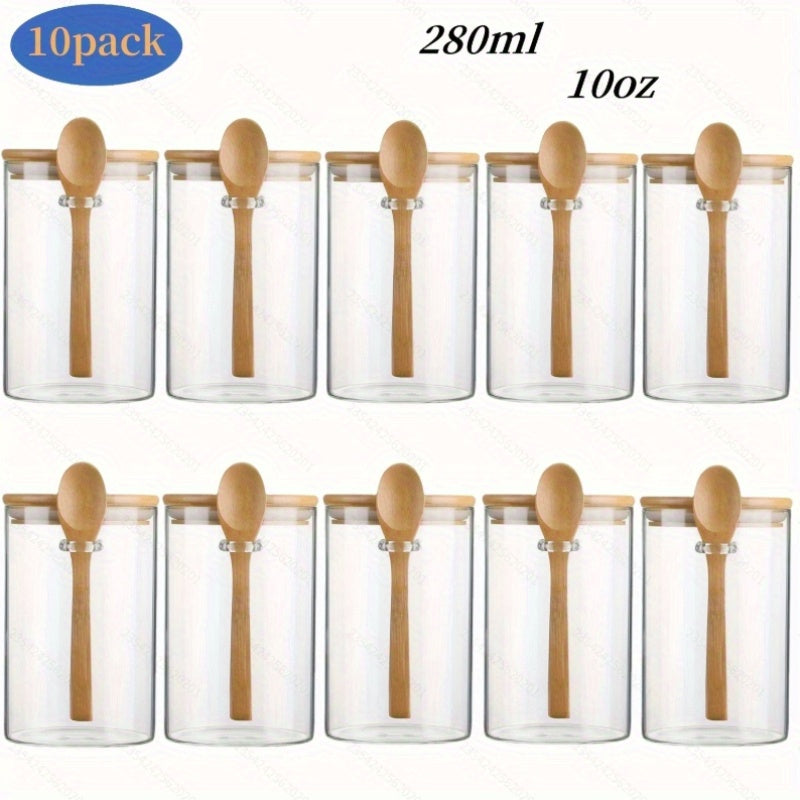 10pcs Glass Jars with Lids & Spoons - Airtight Sealed Containers Suitable for Spices, Salt, Sugar Storage, Lid & Spoon Lid for Camping, Picnic, BBQ, Restaurant Use - Tableware for and Commercial Use