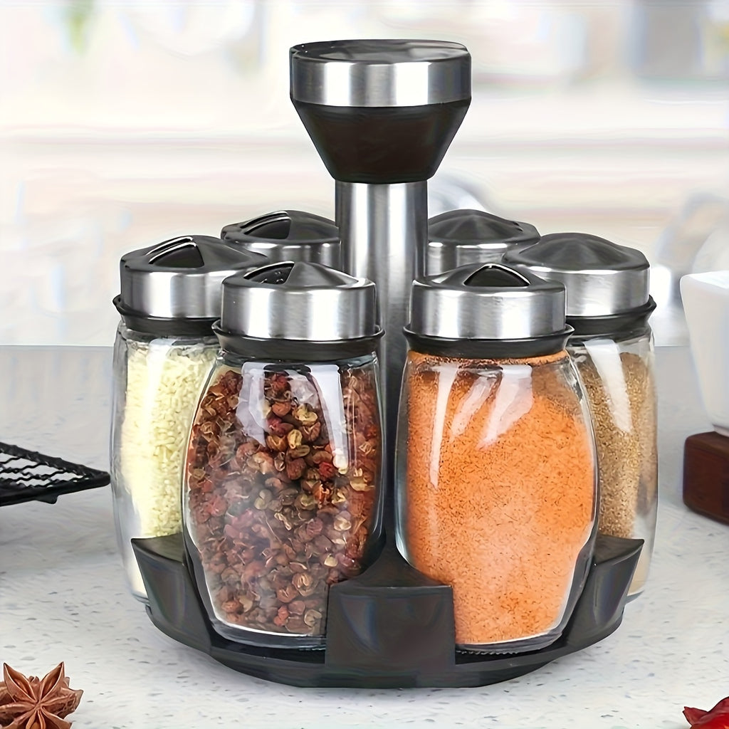 A Set Of 6/12 Glass Spice Jars with A Rotating Base, Featuring A 360° Rotating Design for Space-saving Kitchen Storage. Transparent Glass Jars Provide Visual Organization And Easy Access, While The Stainless Steel Lids Seal to Keep The Seasoning Neat