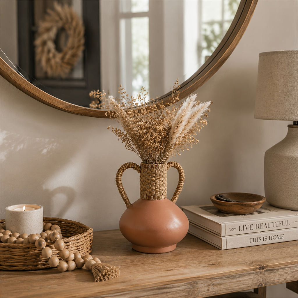 Terracotta Vase with Woven Handles, Rustic Decorative Flower Vase, Boho Farmhouse Home Decor for Living Room Shelf Tabletop Centerpiece