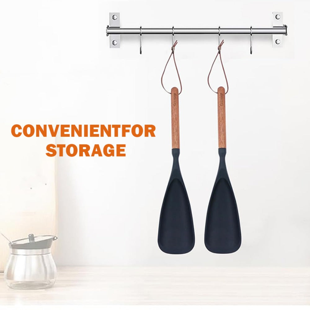 Kitchen Essential – 2pcs Cooking Spoon Set, Suitable for Non-stick Pans, 12-inch Silicone Spoon And Spatula with Wooden Handle, Used for Cooking, Serving, Mixing, Scooping And Scraping, Blac