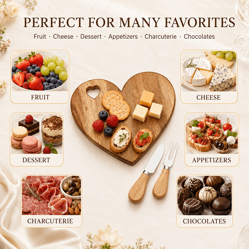 Heart-Shaped Acacia Wood Charcuterie Board with Optional Knife & Fork Set Suitable for Cheese, Fruit, Dessert Serving Tray - Polished Wood Board for Parties, Picnic, Holiday Gift for Christmas, Easter, Valentine' Day