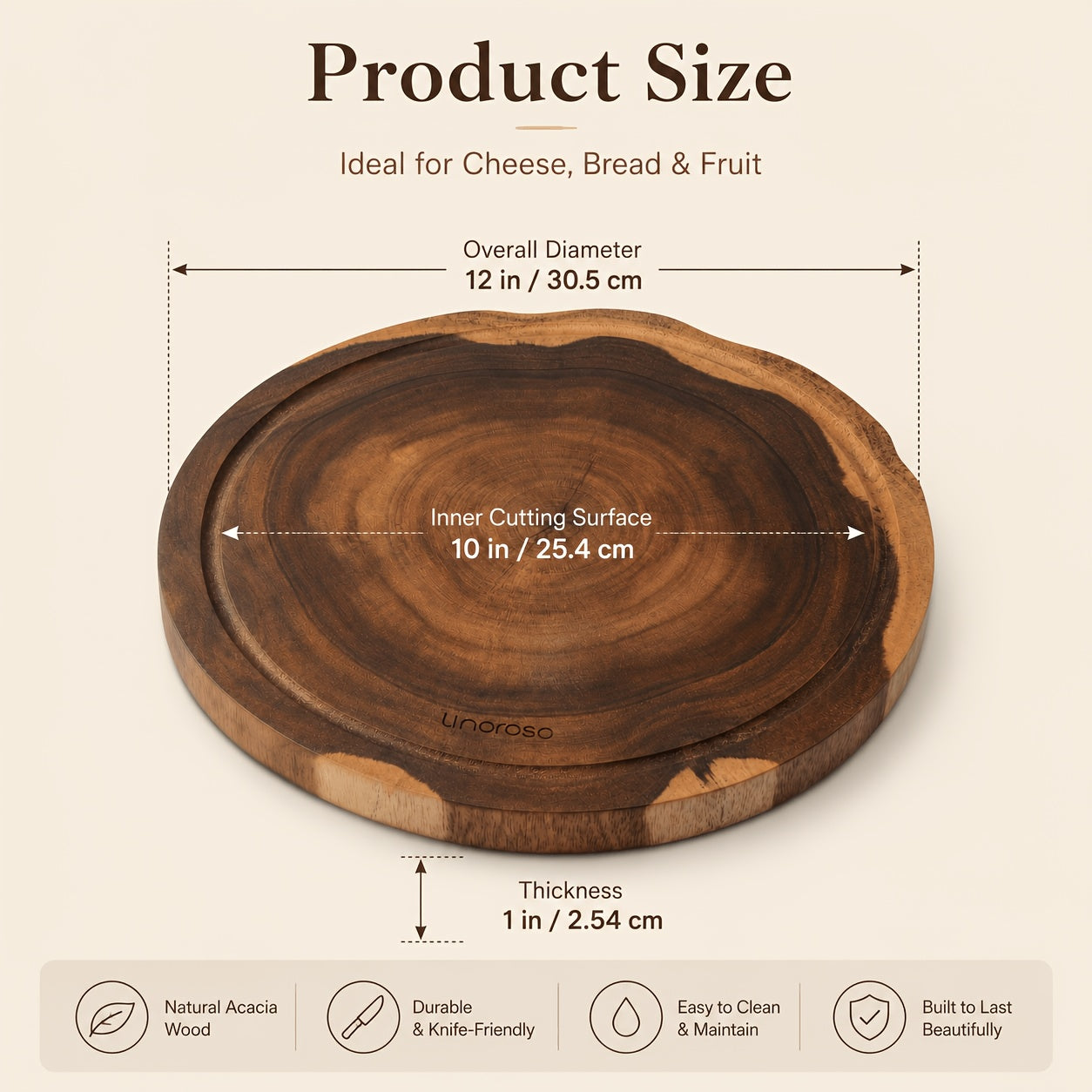 Linoroso 12-Inch Large Round Acacia Wood Cutting Board, 1-Inch Thick Live Edge Chopping Board, Cheese, Charcuterie, Bread, Pizza And Serving Platter for Kitchen Prep, BBQ, Picnic And Camping