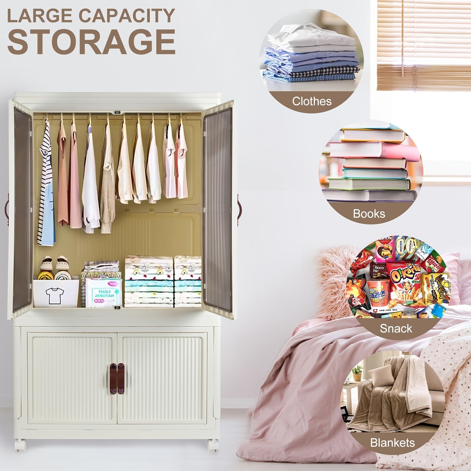 Portable Closet Wardrobe, Folding Storage Bins with Lid, Closet Organizers And Storage, Stackable Storage Box with Hanging Rod And Doors, Collapsible Plastic Clothes Cabinet with Wheels, 10 Hangers