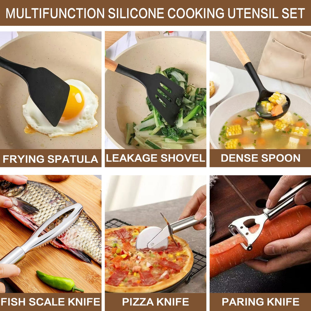 Kitchen Essential – 20pcs Premium Silicone Kitchen Utensil & Knife Set - All-In-One Nonstick Knife Set with Holder, Full Cooking Tools for Home Kitchen, Silicone Wooden Handle Cooking Tools,
