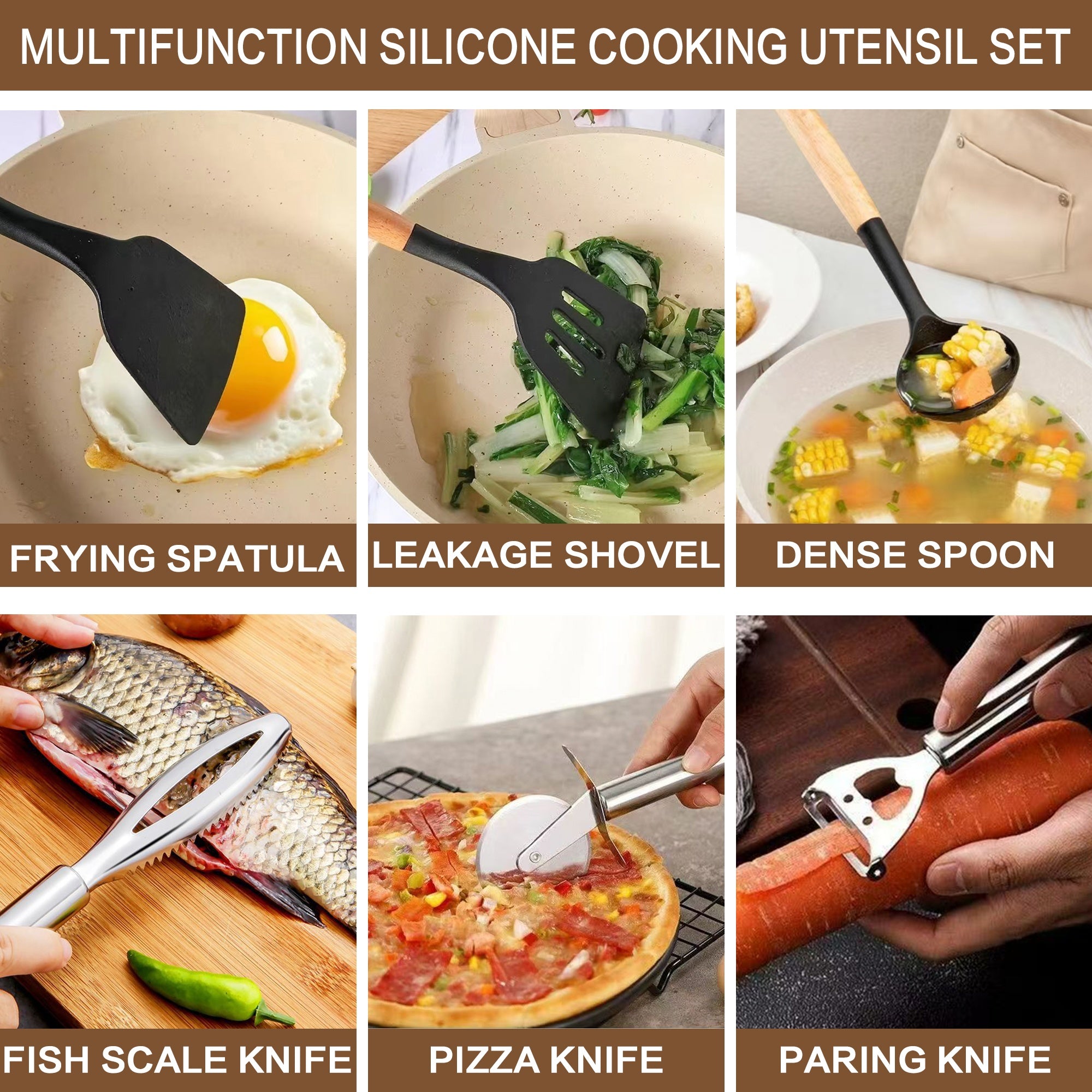 Kitchen Essential – 20pcs Premium Silicone Kitchen Utensil & Knife Set - All-In-One Nonstick Knife Set with Holder, Full Cooking Tools for Home Kitchen, Silicone Wooden Handle Cooking Tools,