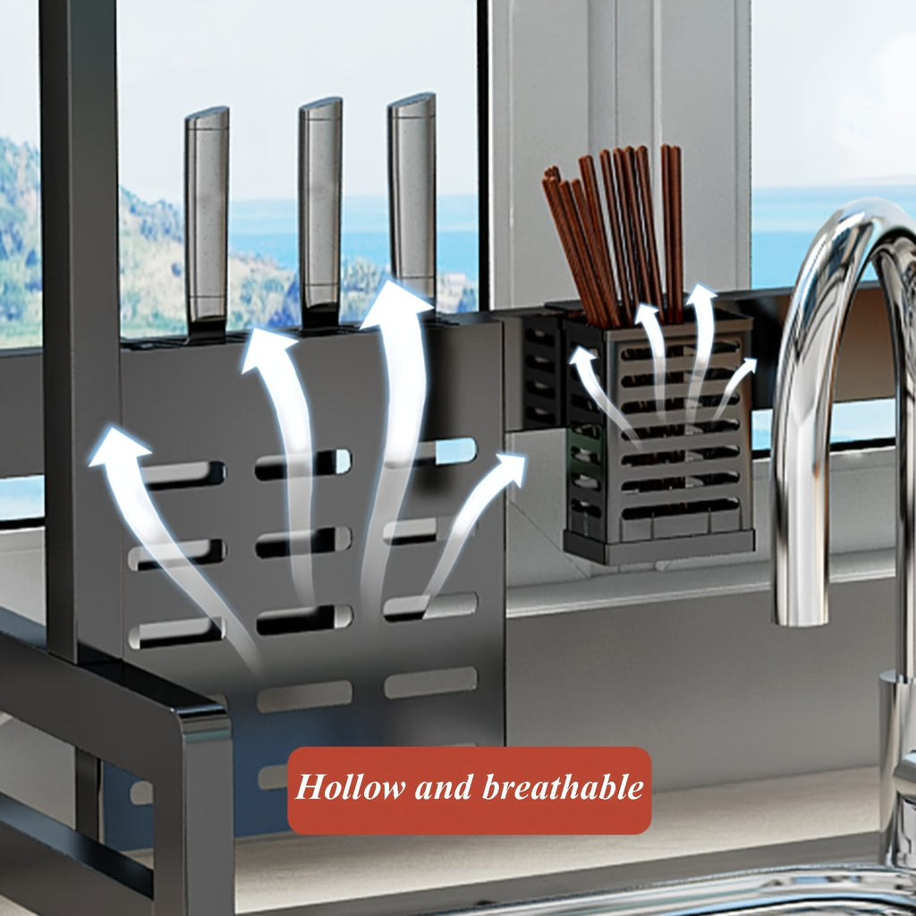 3-Tier Black Metal Kitchen Organizer with Dish Rack, Cutting Board Holder & Utensil Hooks - Over Sink/Countertop Space-Saving Storage for Plates, Bowls - Includes Lid, Spice Containers & Cup Holders - Durable Design for Organized Home Chef Kitchens