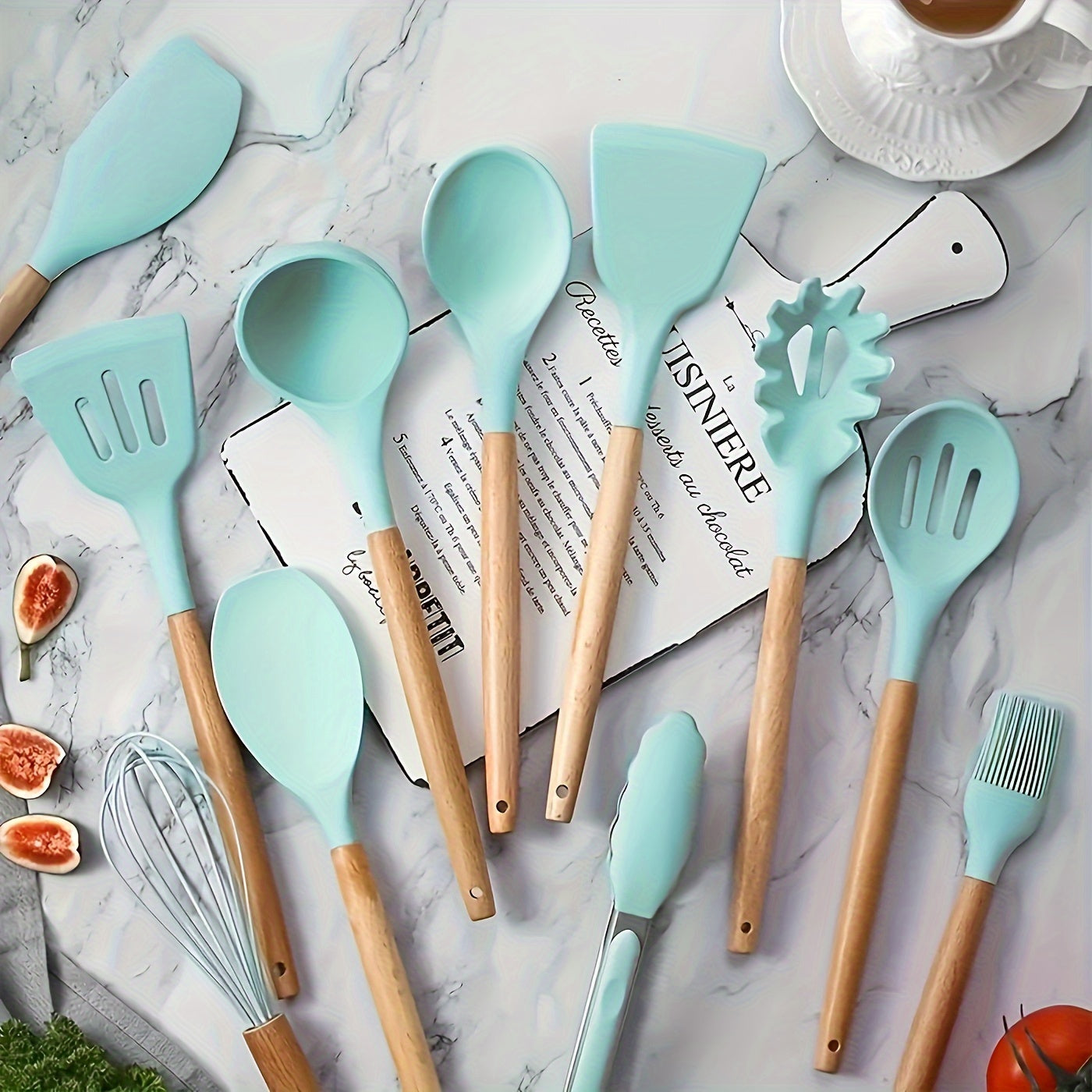 Upgrade Your Kitchen with 23pcs (12pcs kitchen utensils + 5pcs small colanders + 5pcs large colanders + 1pc small scraper) Silicone Cooking Tools Set in a Colorful Storage Container with Wooden Handles - Sturdy, Trendy Quality Kitchen