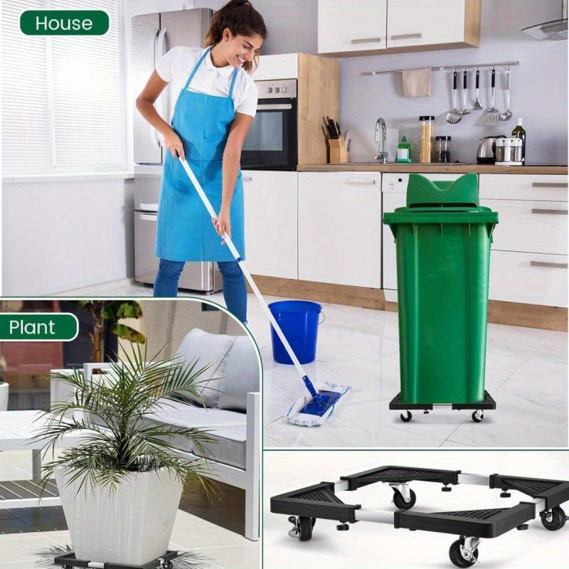 1pc Stainless Steel Mobile Device Trolley with 4 Locking Wheels - Adjustable Drum Base for Refrigerator, Washer and Dryer - Space-saving Kitchen Storage Rack with Telescopic Stand and Sliding Casters