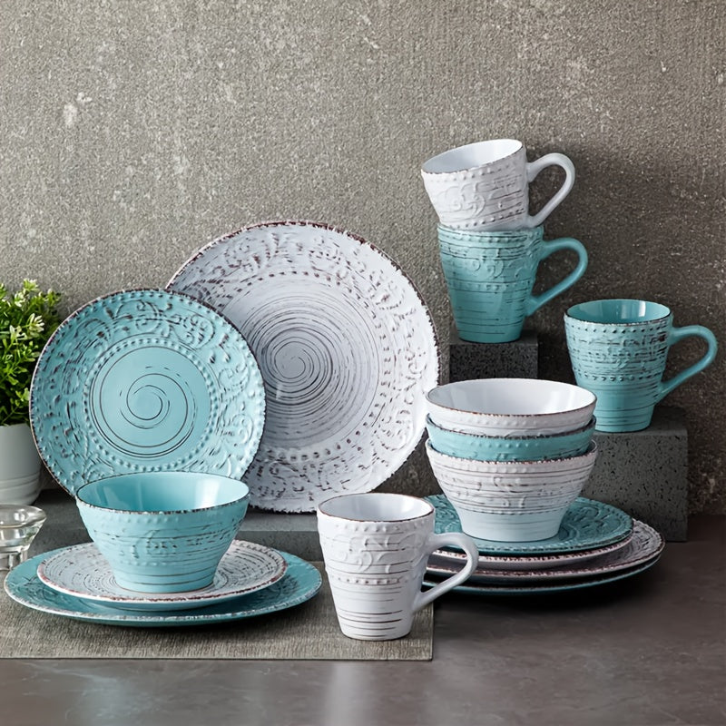 [Gifts Weddings Anniversaries] 16pcs Dinnerware Set Service for 4, Blue & Coffee Color Stoneware Set, Bowls Set, Dishes Set, Including Dinner Plates, Dessert Plates, Salad Bowls And Mugs. Chip & Scratch Resistant. Dishwasher & Microwave Safe. Gifts for We