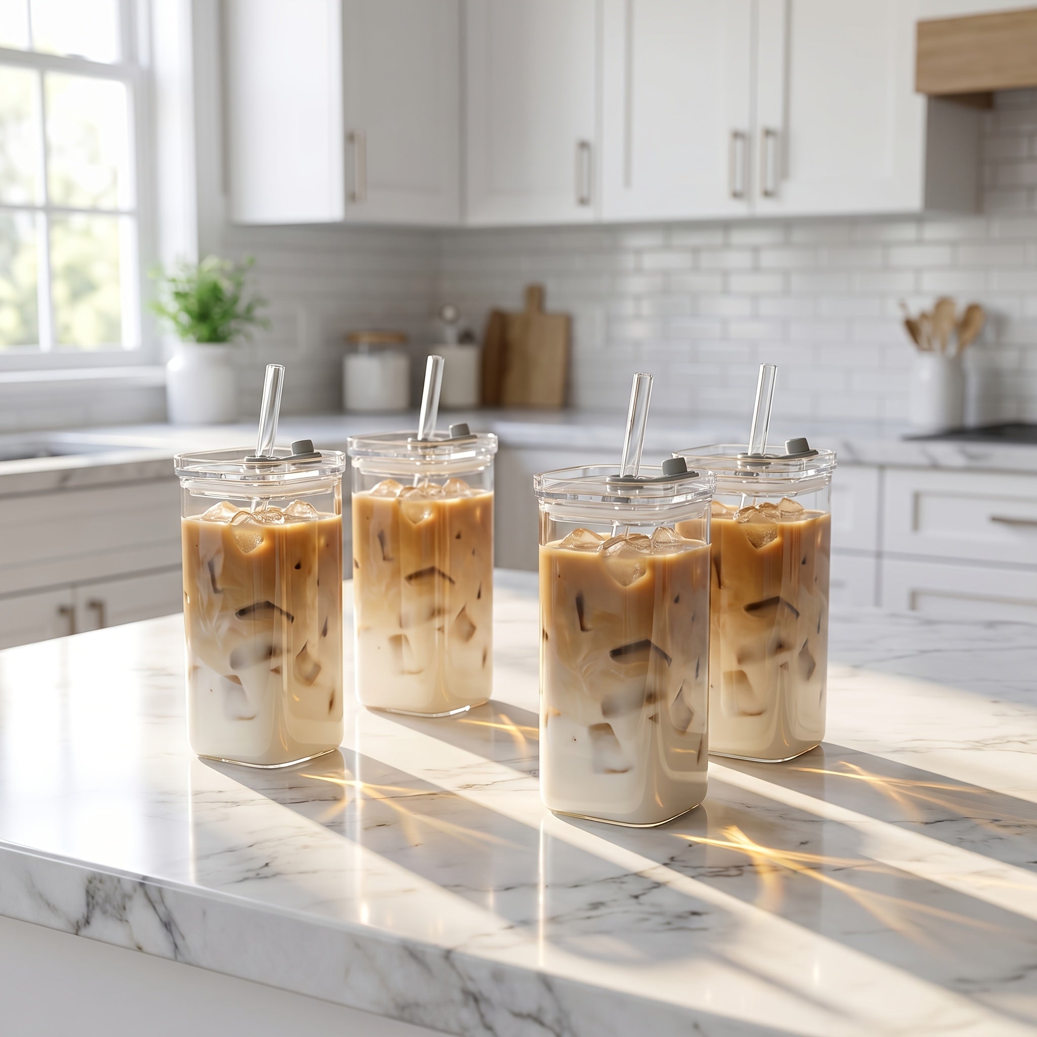 Compact 13oz Reusable Drinkware Set – easy-access beverage storage, Set of 4 Square Glass Cups with Lids 13oz Capacity Perfect Coffee Cups Includes, designed for American homes, daily convenience and practical gifting