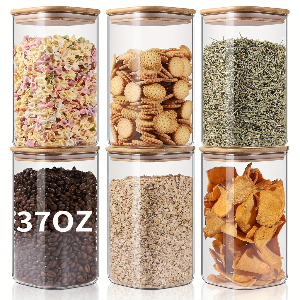 6pcs Large Glass Storage Jars, 37oz Hedonic Jars, Clear Glass Food Storage Containers with Airtight Bamboo Lids, for Candy, Biscuits, Rice, Sugar, Flour, Pasta, Nuts And Spice Jars