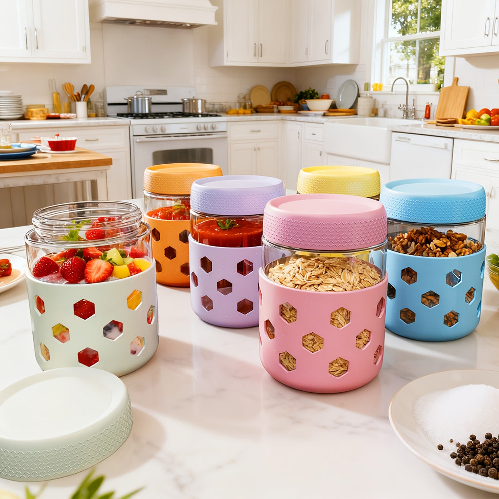 6-Pack Glass Airtight Jars with Silicone Sleeves, Moisture-Proof Food Storage Containers for Tea, Grains, Nuts, Snacks, and Yogurt