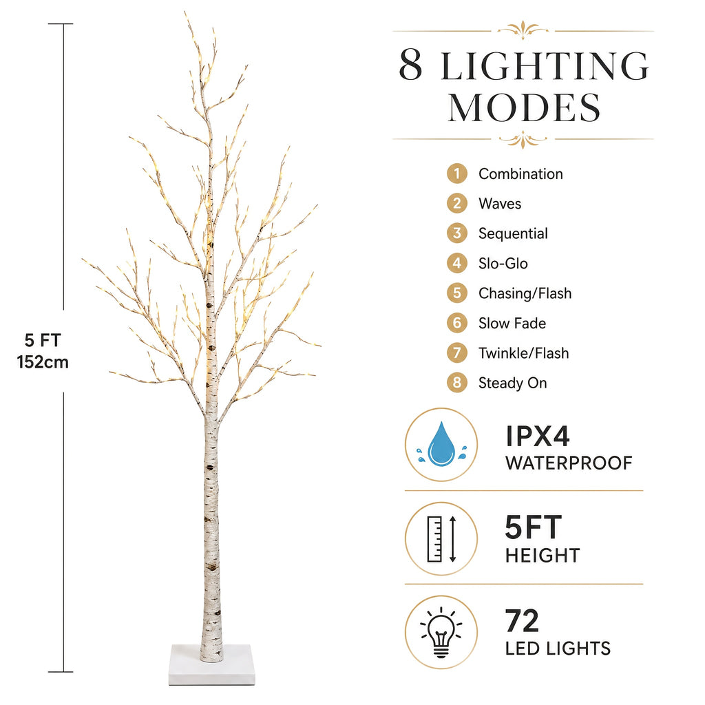 Ambient Home Decor – 5-foot LED Birch Tree Light, Artificial Tree, Equipped with 78 Warm White LED Lights, Dimmable, Timer, USB Power Supply, Indoor And Outdoor Home Decoration, Outdoor Floo