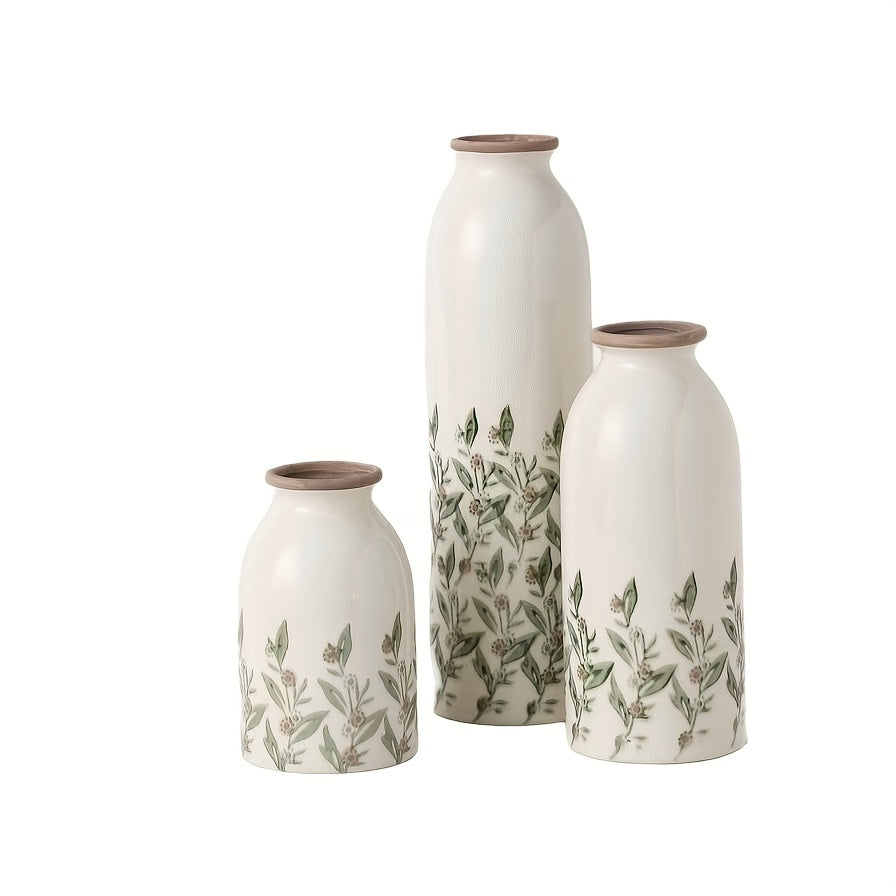 Hand-Painted Ceramic Vase Suitable for fresh or artificial flowers - Hand-Painted Botanical Flower Vase, Scandinavian Contemporary Cylindrical Vase with Botanical Flower Paintings, Multi-Size Table Centerpiece for Living Room, Dining Table, Creative