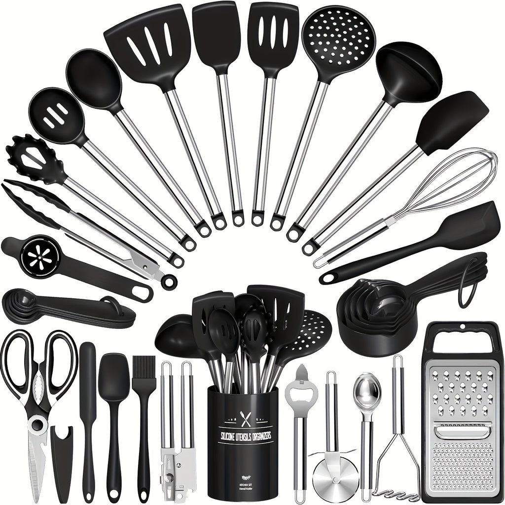 Space-Saving 34pcs Kitchen Cookware Set – versatile meal preparation, Kitchen Utensils Set-34pcs Silicone Cooking Utensils Set for Nonstick Cookware-Silicone Spatulas Set Stainless Steel, designed for American homes, daily convenience and practical g