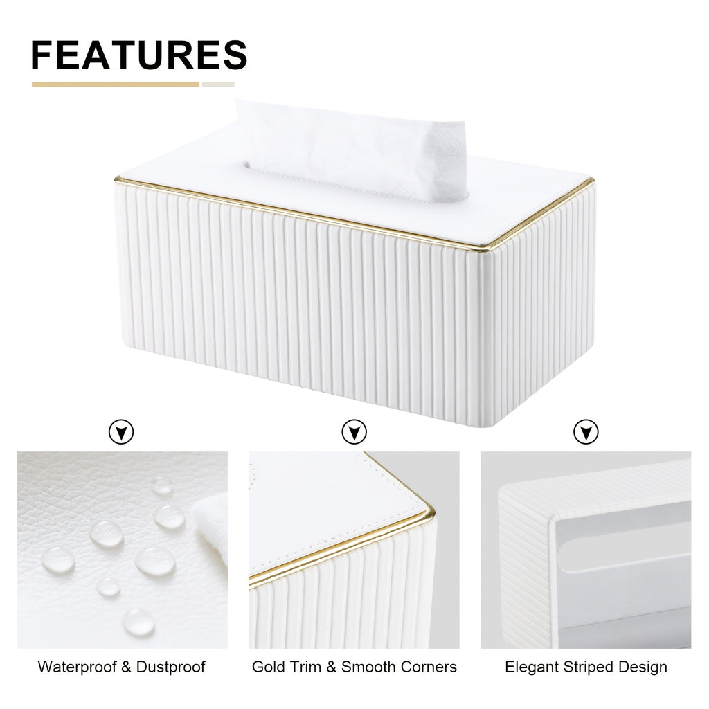 Smart Stackable Home Storage Bins – portable space-saving storage, Cream White Vertical Striped Faux Leather Tissue Box With Golden Trim Desktop Napkin Dispenser, designed for American homes, daily convenience and practical gifting