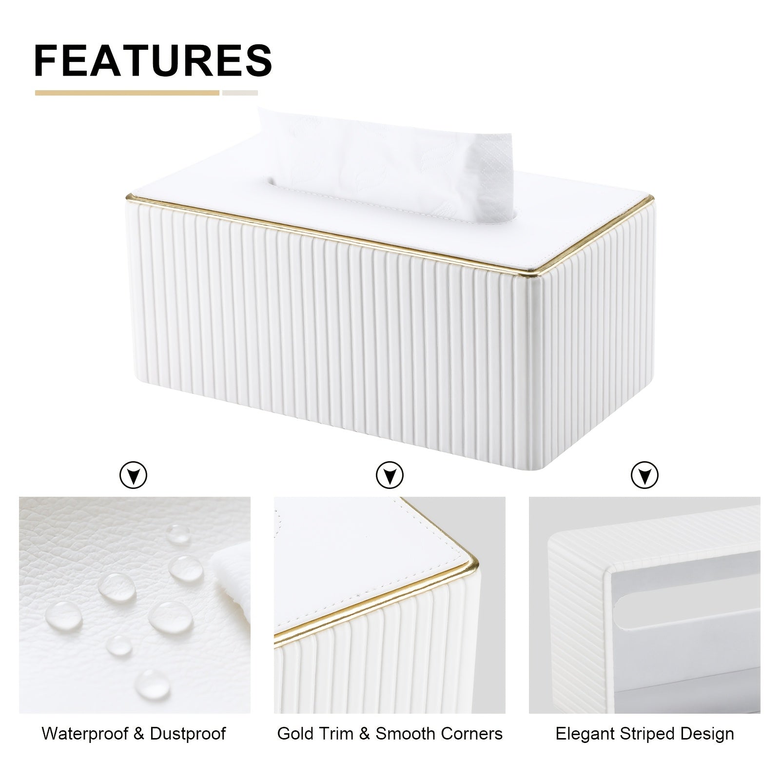 Smart Stackable Home Storage Bins – portable space-saving storage, Cream White Vertical Striped Faux Leather Tissue Box With Golden Trim Desktop Napkin Dispenser, designed for American homes, daily convenience and practical gifting