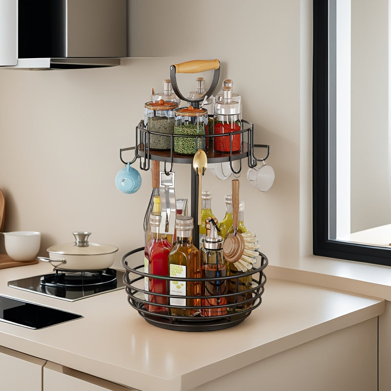 Double-layer Rotatable Coffee Metal Cup Rack, Spice Rack, Fruit Basket Rack with Hooks, Suitable for Bar Counters, Kitchen Countertops - Black.