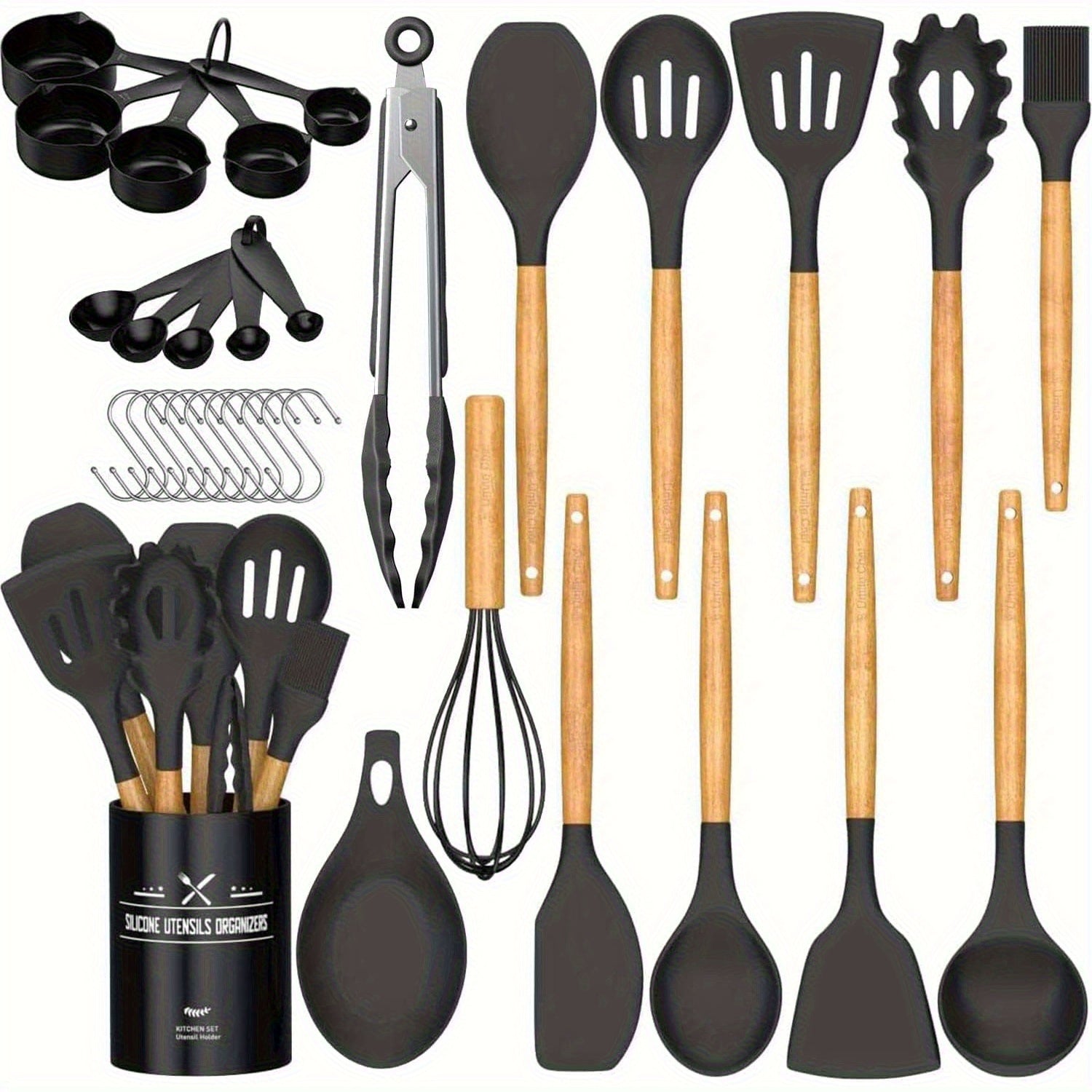 Kitchen Utensils Set- 34pcs Silicone Cooking Utensils With Holder, Heat Resistant Kitchen Utensil Spatula Set For Nonstick Cookware, Black Wooden Handles Kitchen Gadgets Tools Set Father Gift