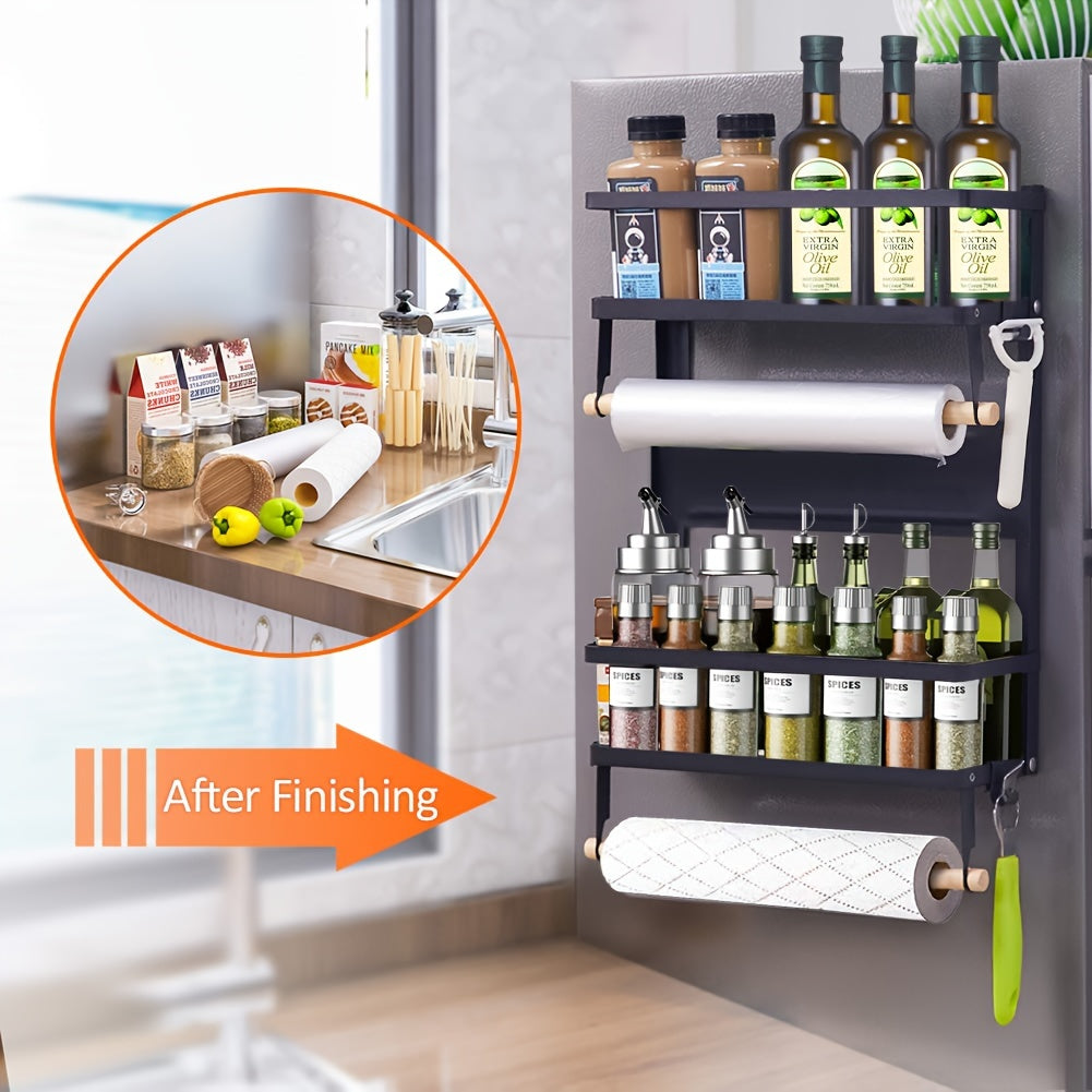 Kitchen Essential – Magnetic Fridge Organizer Spice Rack with Paper Towel Holder And 5 Extra Hooks, 3 Tier Magnet Refrigerator Shelf In Kitchen Holds Up to 45 LBS, Black, Utility Racks for M