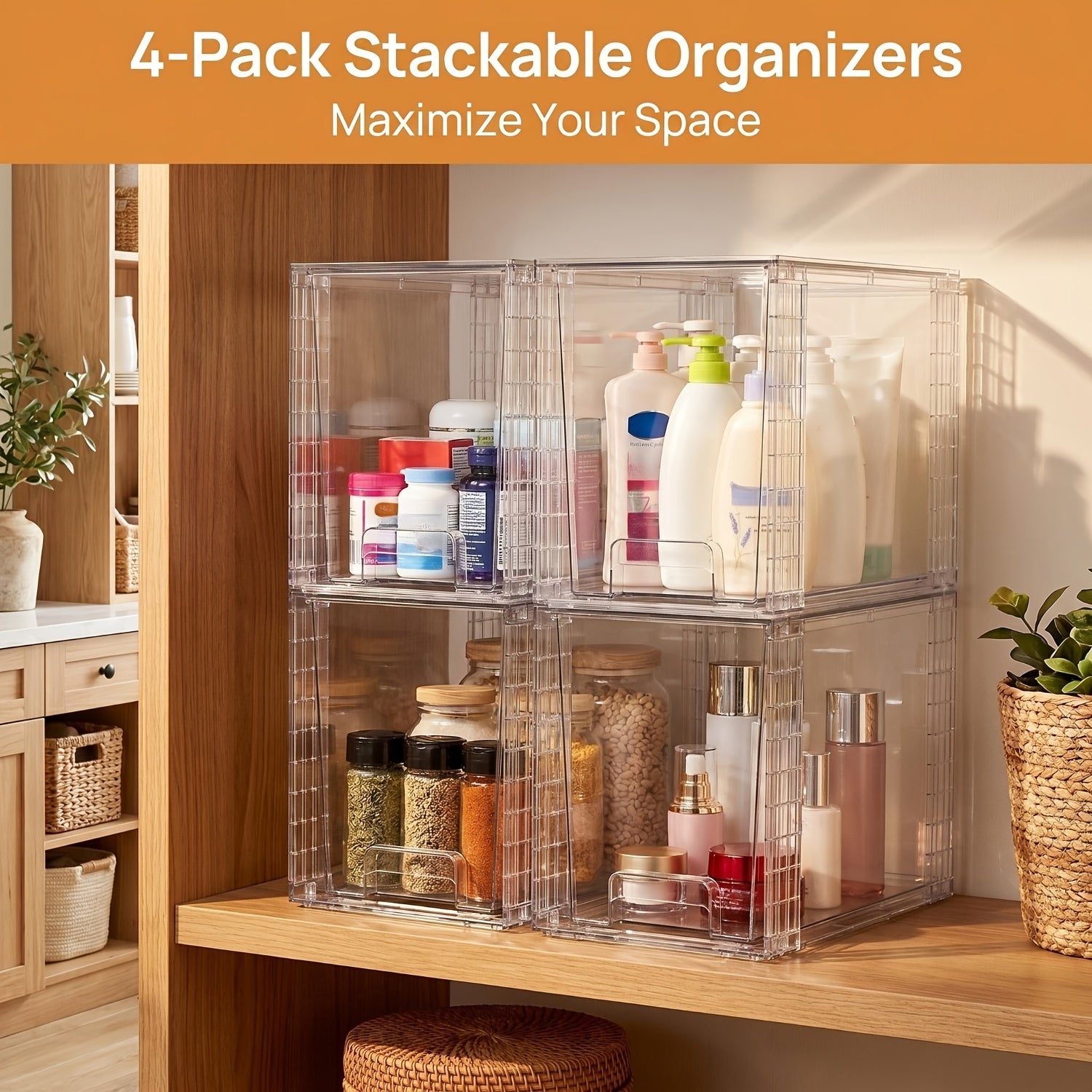 4 Pack 9.7" High Clear Plastic Under Sink Storage, Drawers Organizer - Stackable Storage Bins For Skincare, Makeup, Bathroom & Kitchen Organization - Fits Cabinet, Undersink, Pantry, Vanity