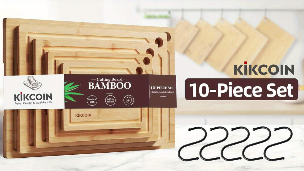 Modern 10pcs Bamboo Cutting Board Set – durable food prep and serving, 10pcs Bamboo Cutting Board Set with Hooks Trays Natural Bamboo Kitchen Gadgets Features A, designed for American homes, daily convenience and practical gifting