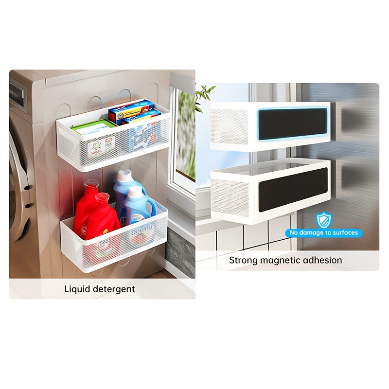 Kitchen Essential – 1/2pcs Magnetic Kitchen Storage Basket, Drill-free Metal Grid Organizer, Mountable On Refrigerator Top Side Door Cabinet Wall, Home Sundries Utensil Storage Rack for Mode