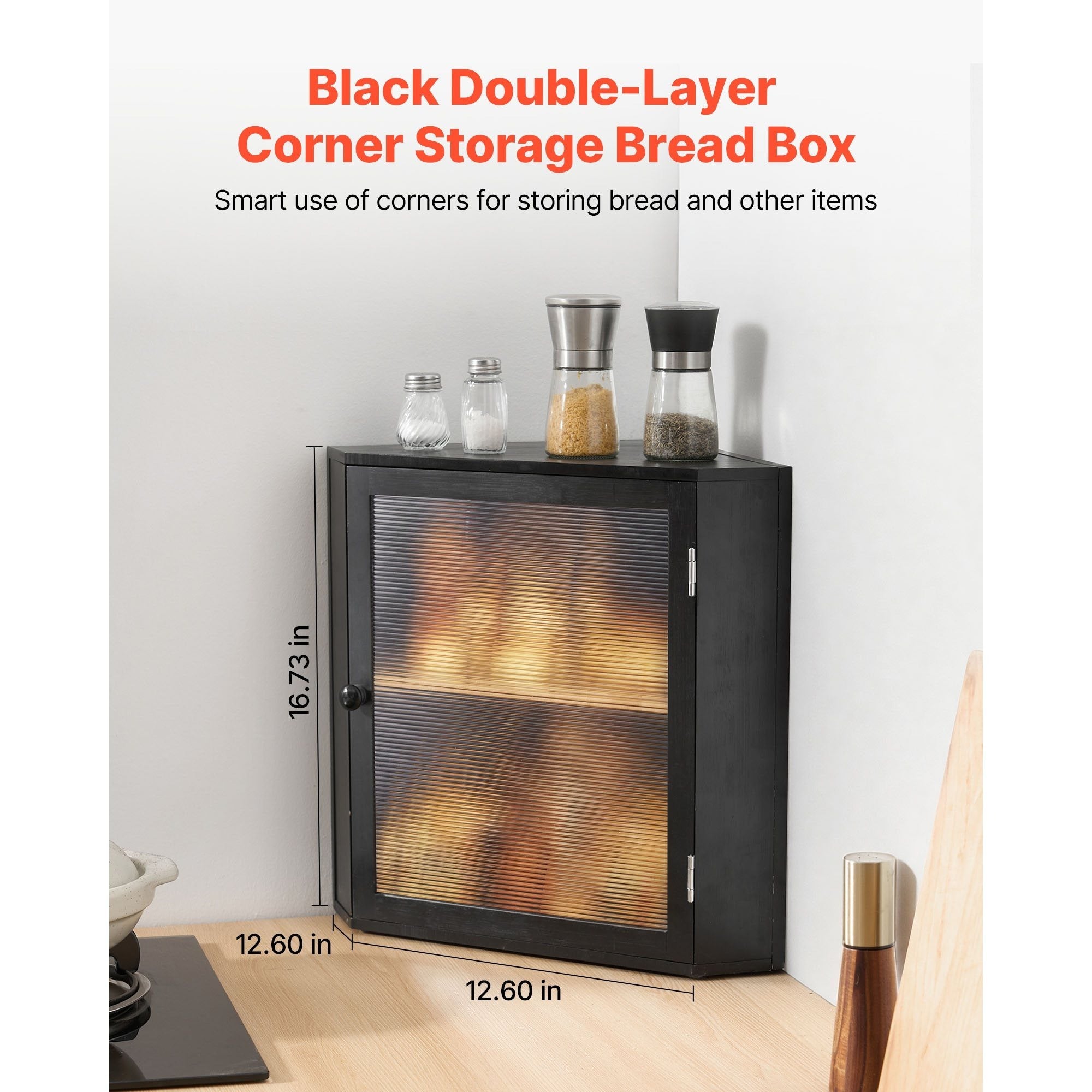 VEVOR Corner Bread Box for Kitchen Counter Double Layer Bamboo Storage Container Black / Natural