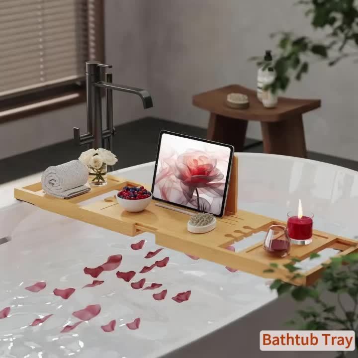 Sturdy And Durable Bathtub Tray, Made Of Wood. The Bath Table Tray Is Adjustable. The Bathtub - Specific Bath Caddy Tray Ensures Hassle - Free Storage. A Thoughtful Gift for Her.