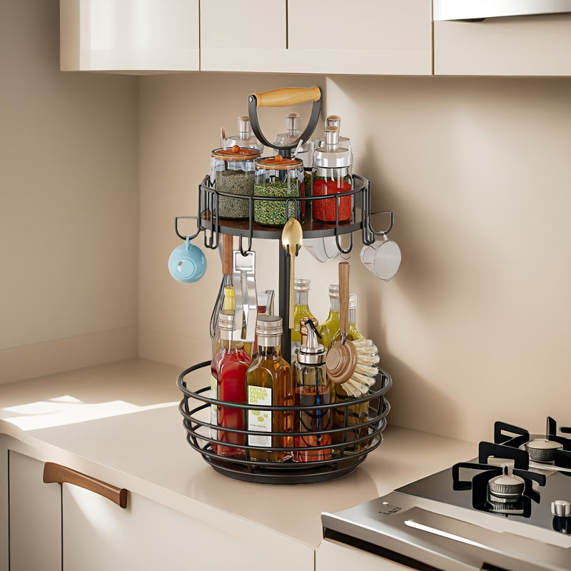 Double-layer Rotatable Coffee Metal Cup Rack, Spice Rack, Fruit Basket Rack with Hooks, Suitable for Bar Counters, Kitchen Countertops - Black.