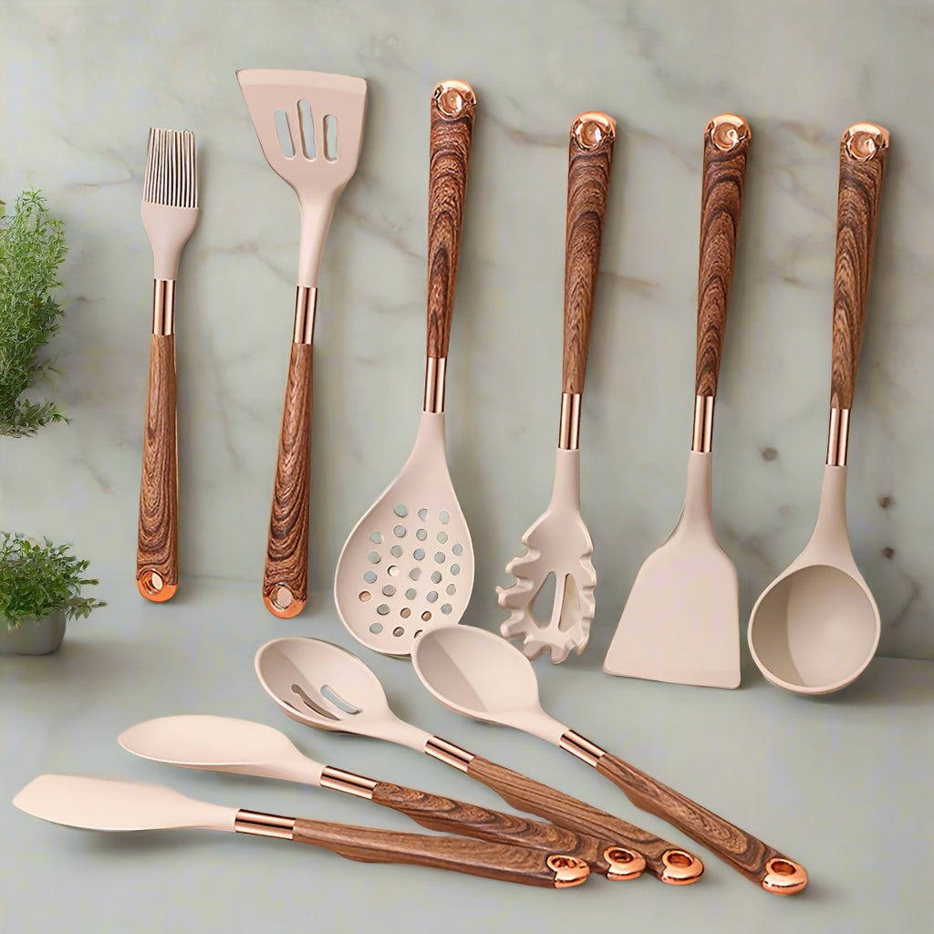 24pcs Silicone Cooking Utensils Set - Kitchen Utensils Set with Storage Box, Wood Pattern Handle Silicone Utensils for Cooking with Food Safety Turner, Pasta Server, Skimmer, Ladle, Spoon, Tong, Whisk
