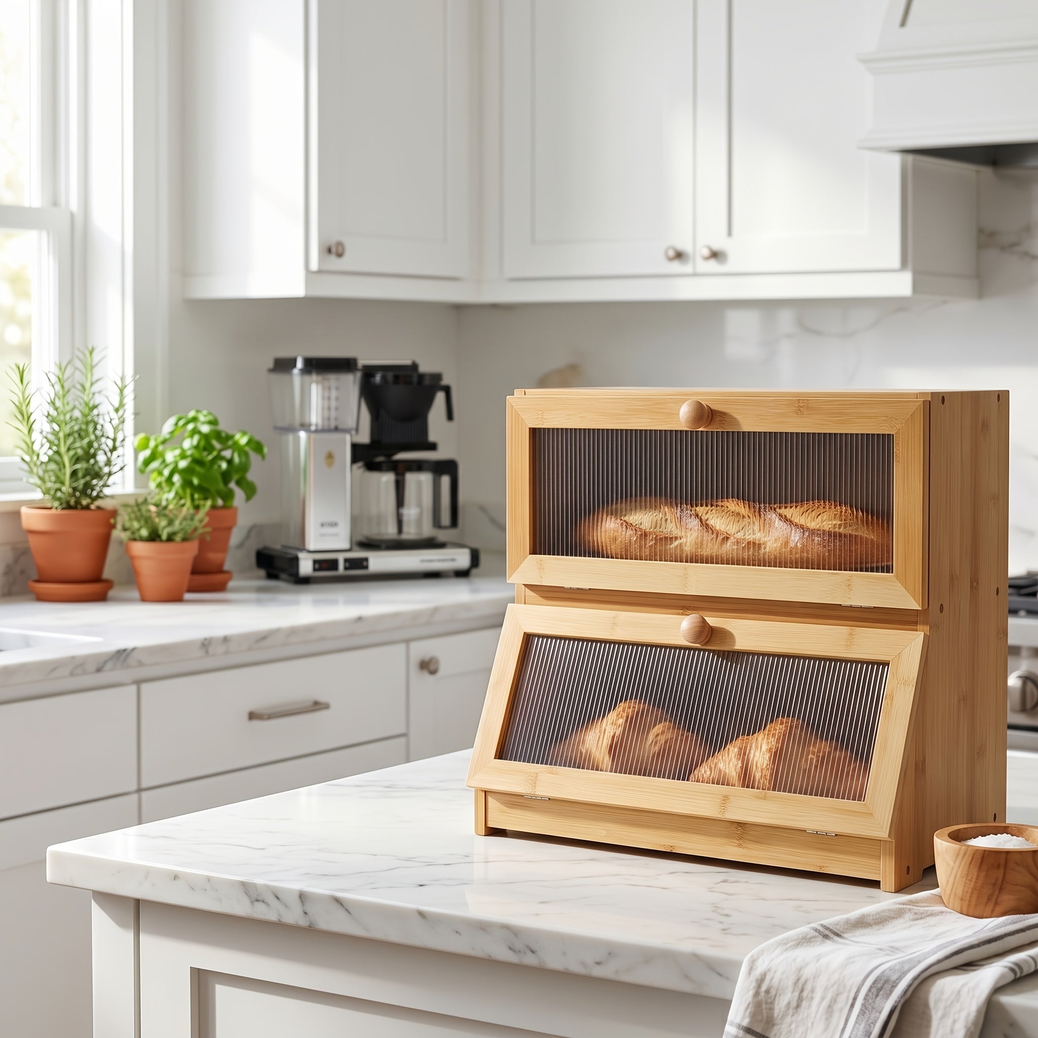 Versatile Countertop Bread Storage Box – fresh-bread countertop organization, 2-Tier Bamboo for bread Box Roll-Top Doors No Cross Flavor Natural Bamboo Countertop Food, designed for American homes, daily convenience and practical gifting