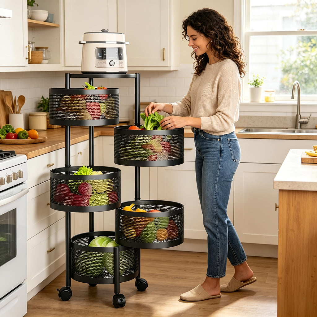 Compact Adjustable Home Storage Rack – durable multi-purpose storage, POKEPIC 5-Tier Round 360 Rotating Storage Cart No Assembly Mobile Organizer Space Saving Floor, designed for American homes, daily convenience and practical gifting