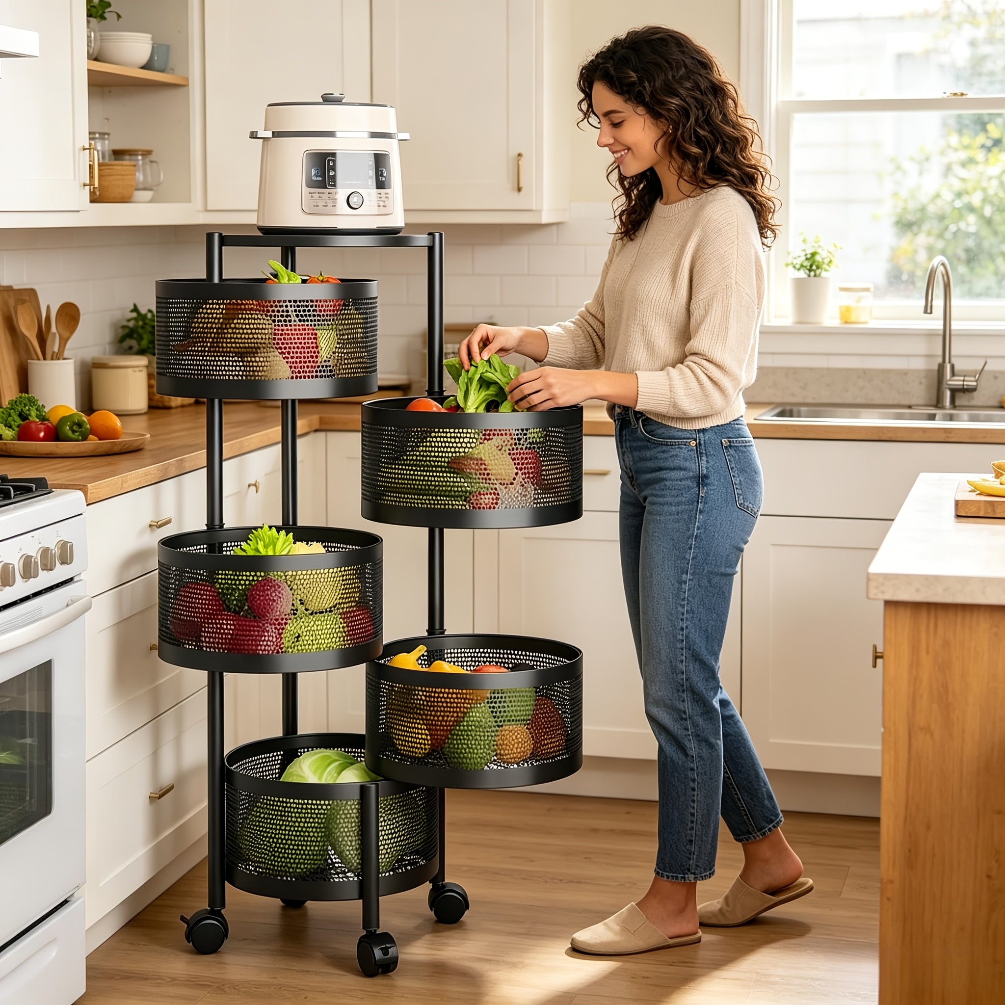 Compact Adjustable Home Storage Rack – durable multi-purpose storage, POKEPIC 5-Tier Round 360 Rotating Storage Cart No Assembly Mobile Organizer Space Saving Floor, designed for American homes, daily convenience and practical gifting