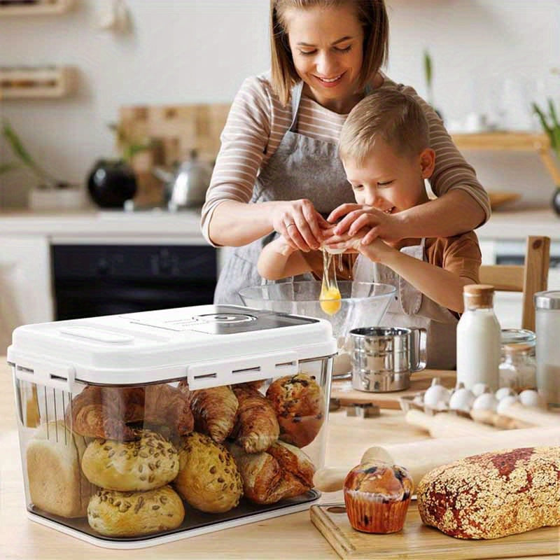 Airtight Bread Storage Container - 1.32-Gallon Flip-Top Bread Box for Kitchen Countertop, Perfect for Homemade Bread, Cookies, Cereal, Fruits, And More, Complimentary Bread Tongs And Measuring Cups, Stylish White Design