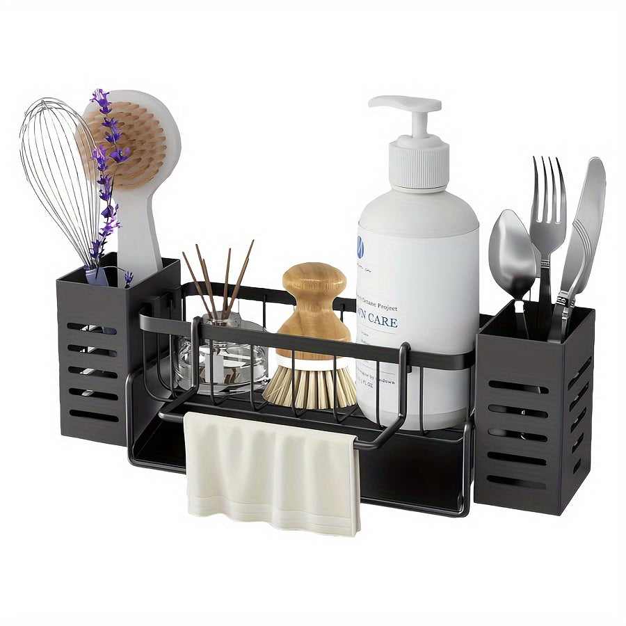 1pc Gray/Black Sink Caddy Sponge Holder for Kitchen Sink, Stainless Steel Rustproof, Bathroom Storage Basket, Kitchen Sink Caddy with Brush Holders, Chopstick Container, Kitchen Sink Organizer Dish Sponge Organizer with Dish Towel Rod