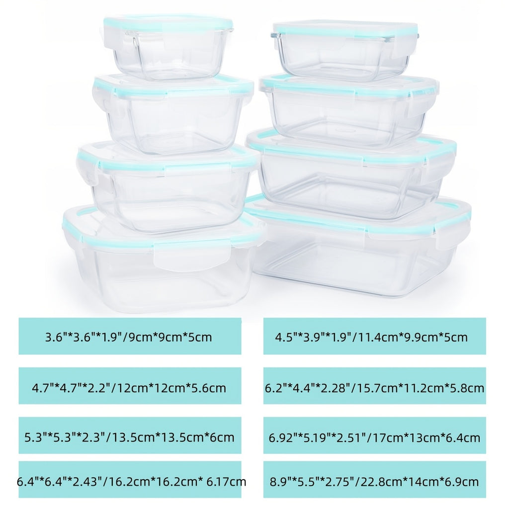 16pcs Glass Food Storage Set-perfect For Meal Prep And Kitchen Organization. Leak-proof, Airtight Glass Lunch Boxes (8 Containers + 8 Lids) Suitable For Use In The Microwave, Oven, Refrigerator, And Dishwasher. Ideal For Office Lunches.