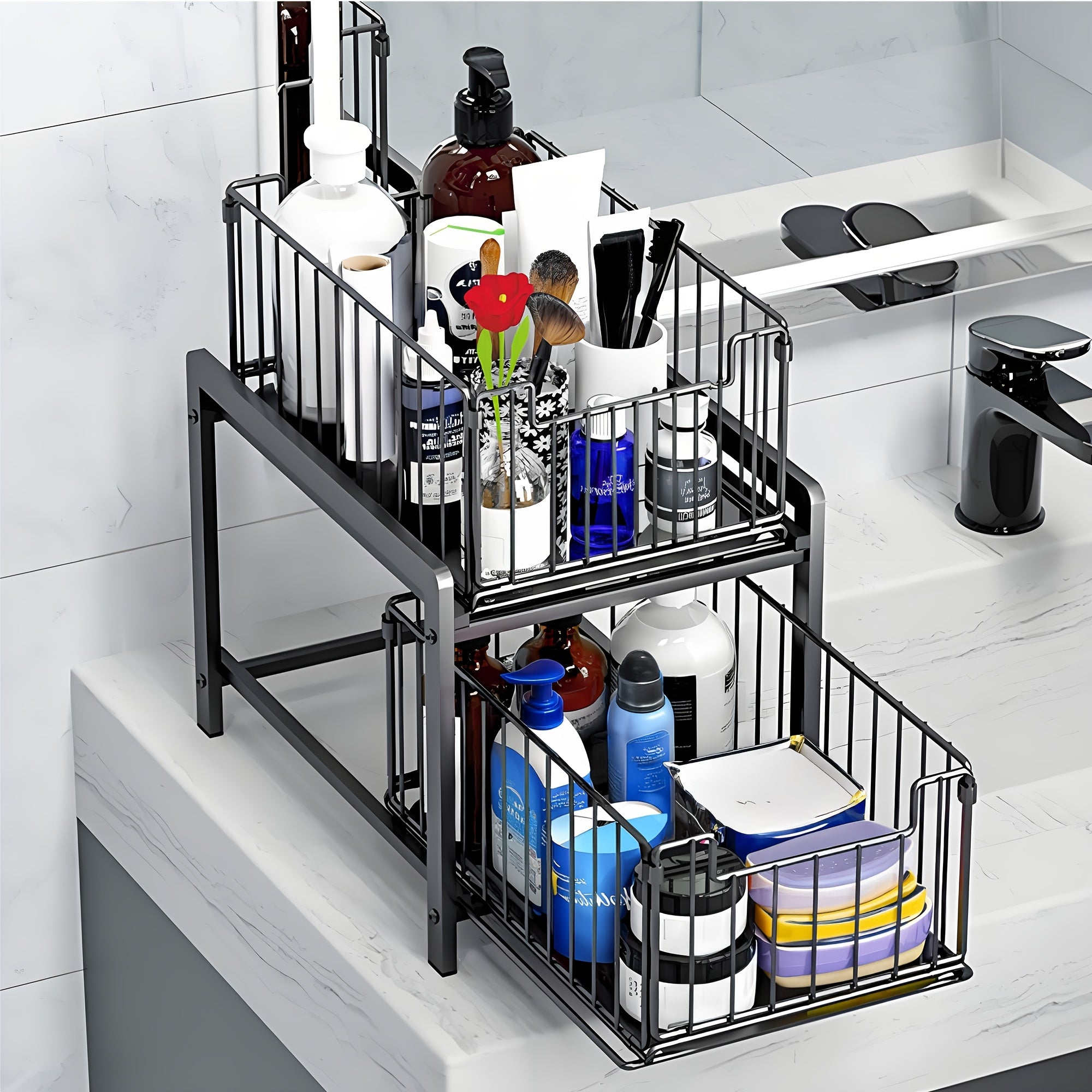 Kitchen Essential – 2-Tier Sliding Under-Sink Organizer Rack – Durable Metal Wire Storage Basket for Kitchen & Bathroom Essentials, Removable & Easy to Clean, Perfect for Utensils, Spices, T