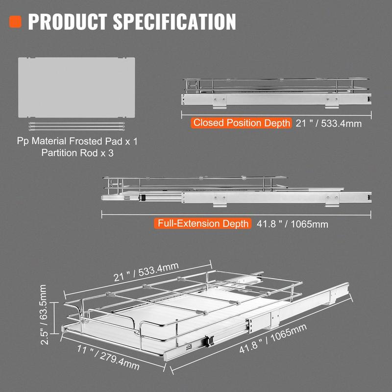 Sliding Cupboard Tray 11'Wx21'Dx2.5'H for Kitchen Pantry Bathroom, Heavy Duty Metal Construction Smooth Glide Rails Space Organization Under Sink Storage 13.5'Wx22'Dx7'H Cabinet Fitment