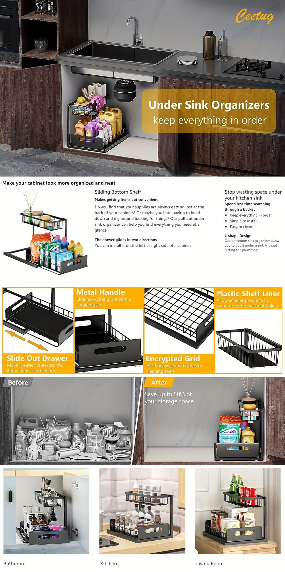 Set of 2 Under-Sink Storage Organizers, Featuring a Pull-Out Cabinet Design, with a Two-Tier Sliding Basket Shelf Suitable for Kitchen And Bathroom Use, Adjustable L-Shaped Counter Organizers