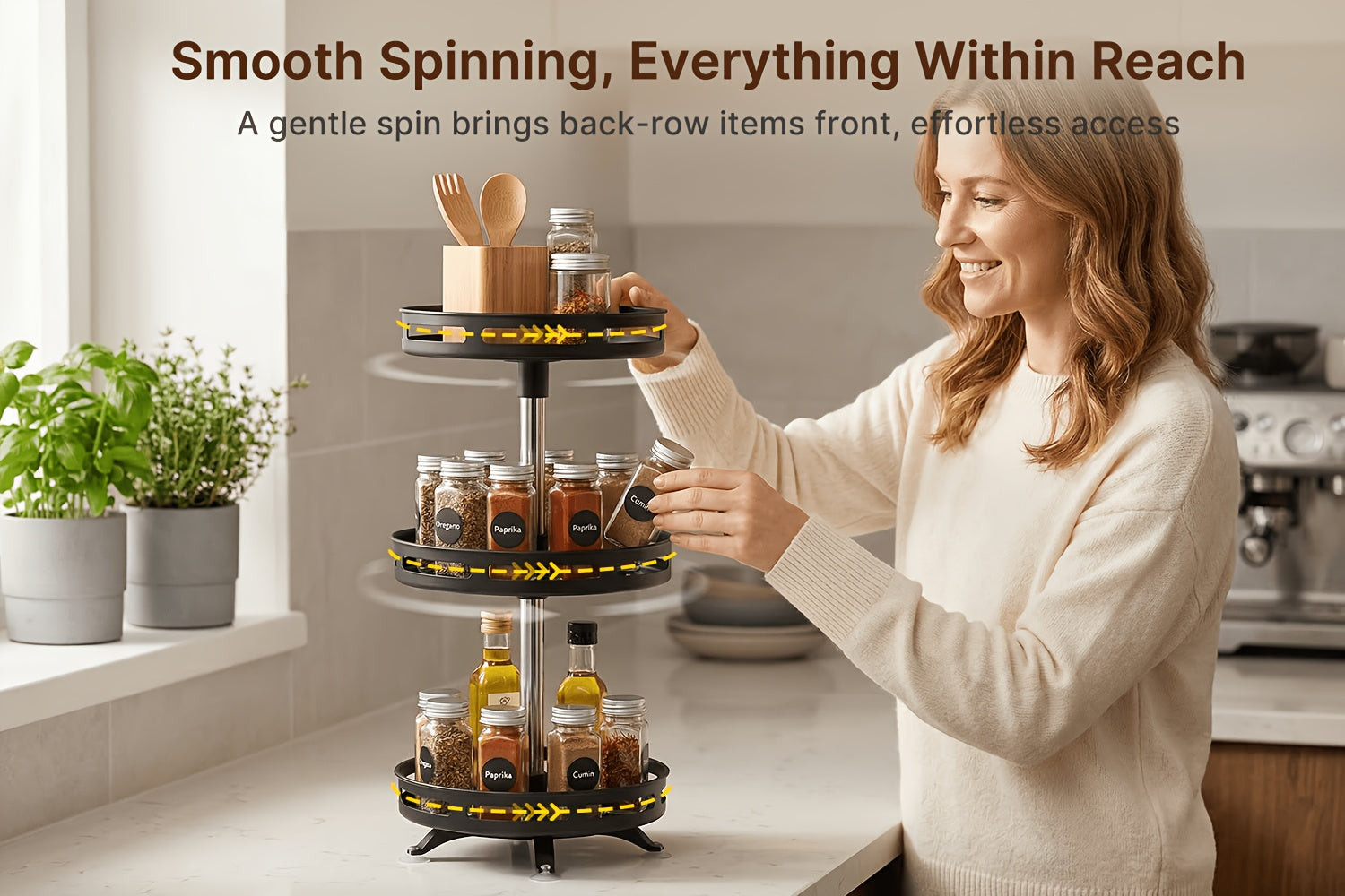 Modern Glass Spice Jar Set – clear reusable pantry storage, 3-Tier Rotating Kitchen Spice Rack Metal Turntable Rotating Spice And Seasoning Storage Rack Kitchen, designed for American homes, daily convenience and practical gifting