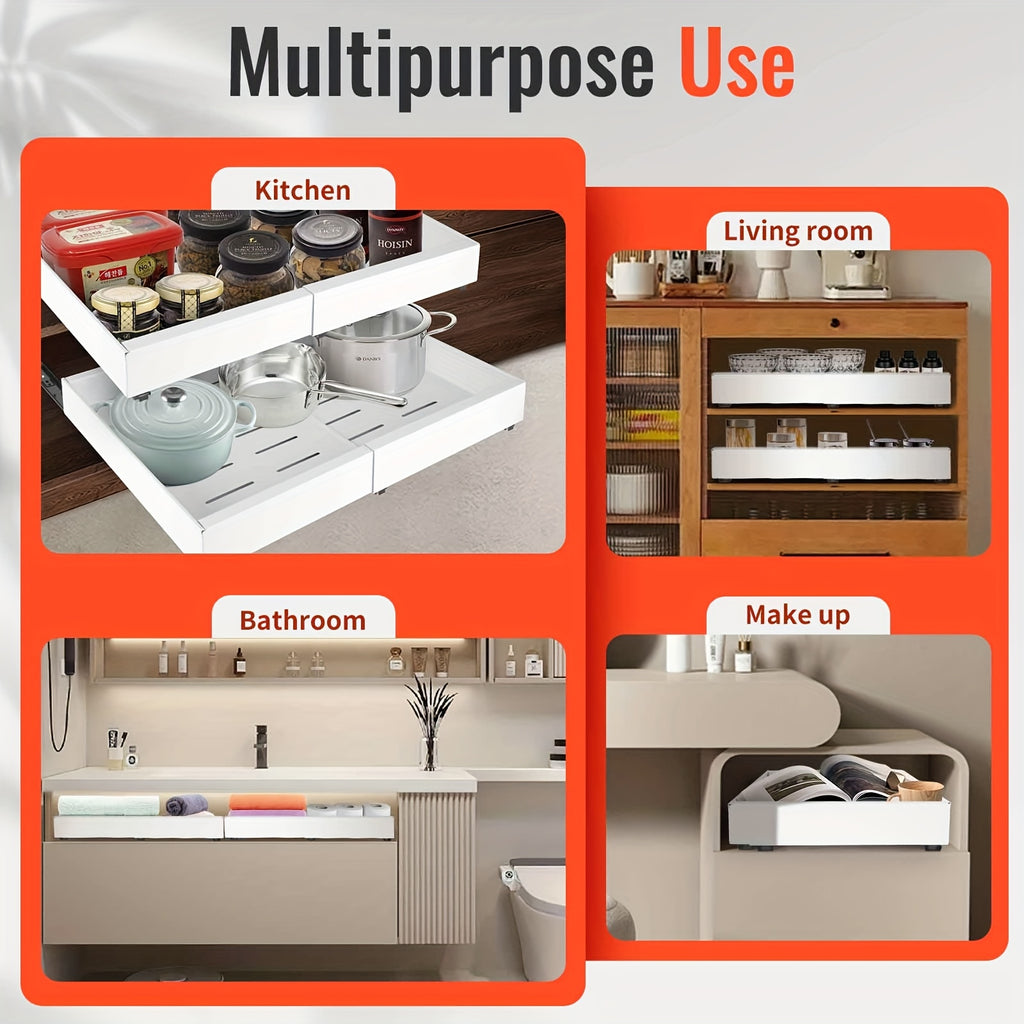 4-Pack Carbon Steel Expandable Pull Out Cabinet Organizer (12.6"-20.6"W), Rust-Resistant Silent Sliding Drawers with Adhesive Nano Film Or Nail Installation, 17" Deep Slide Out Drawers for Kitchen, Pantry