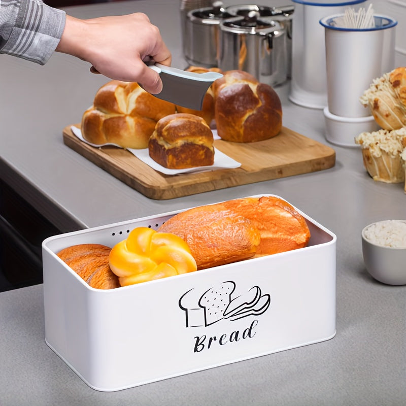 1pc modern design metal bread box white, breathable holes to keep bread soft, with natural bamboo cover cutting board, suitable for kitchen bread sorting, keeping bread fresh, hand washable and reusable square baking storage container, Kitchen