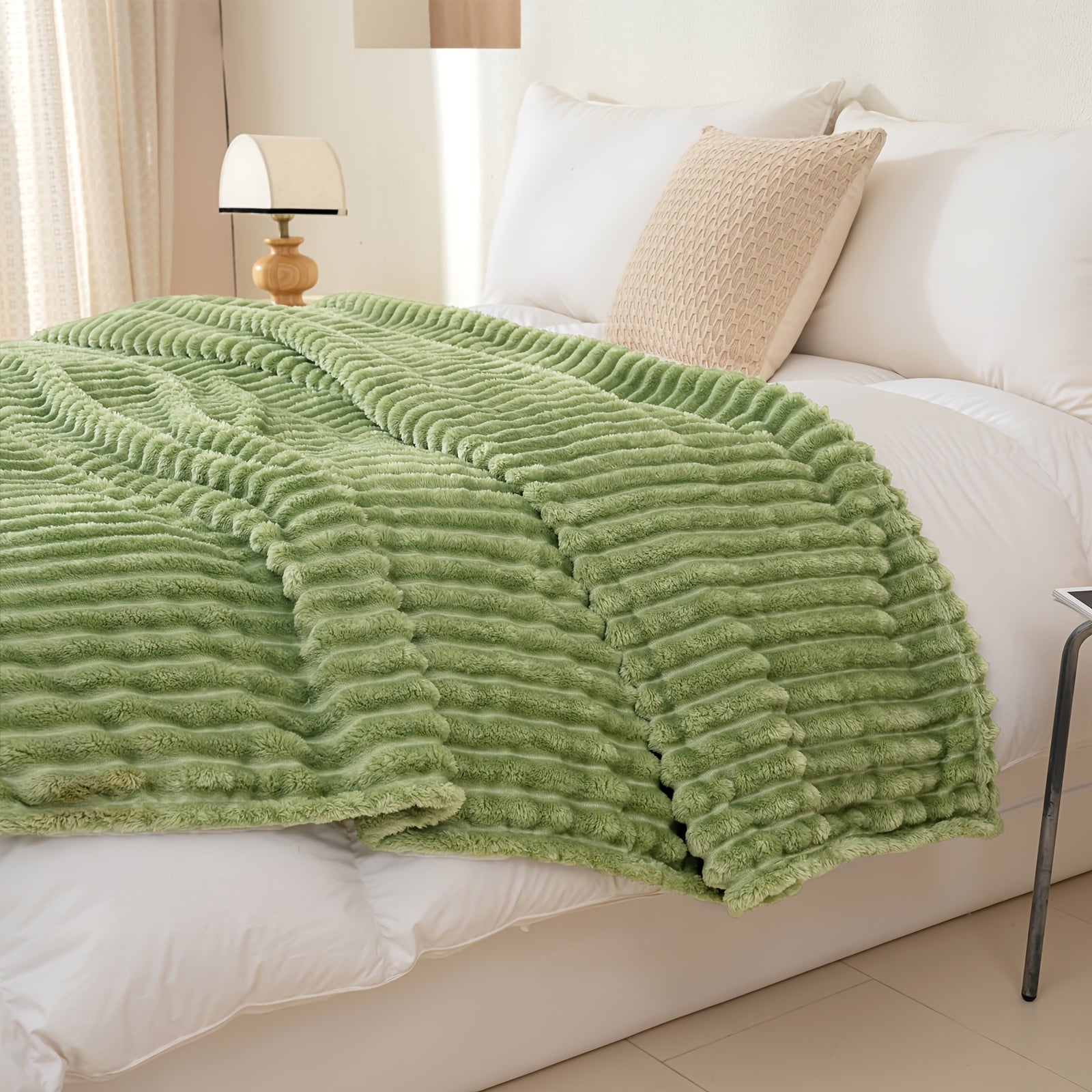 Versatile Cozy Home Textile Accent – comfortable everyday home styling, Luxurious Double-Sided Faux Rabbit Fur Throw Blanket - Cozy Striped Flannel Soft And Warm, designed for American homes, daily convenience and practical gifting