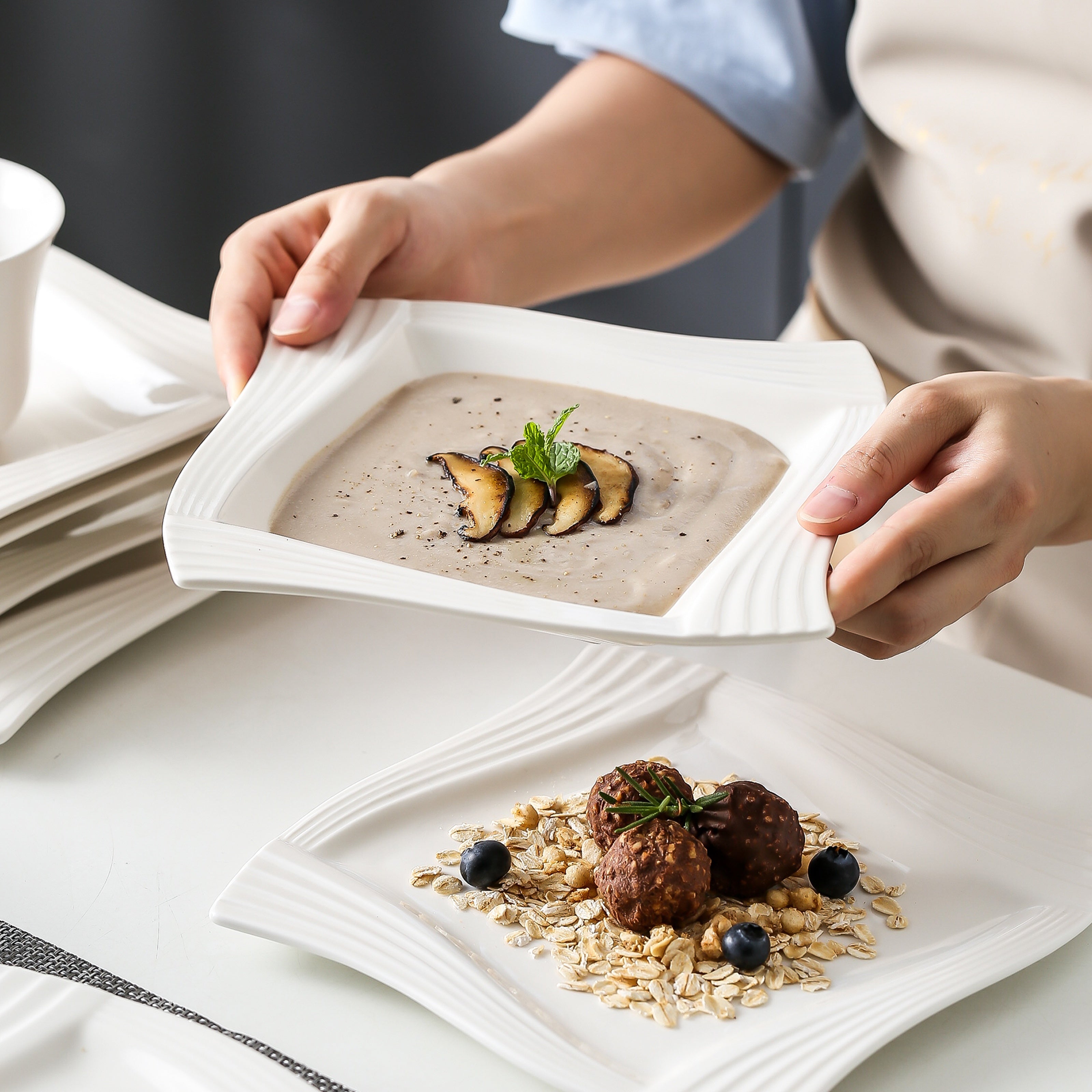 Plates And Bowls Set For 6, Grey White Square Dinnerware Sets, 30pcs Porcelain Dishes Set With Plates, Bowls, Cups And Saucers, Dinner Set Microwave Safe