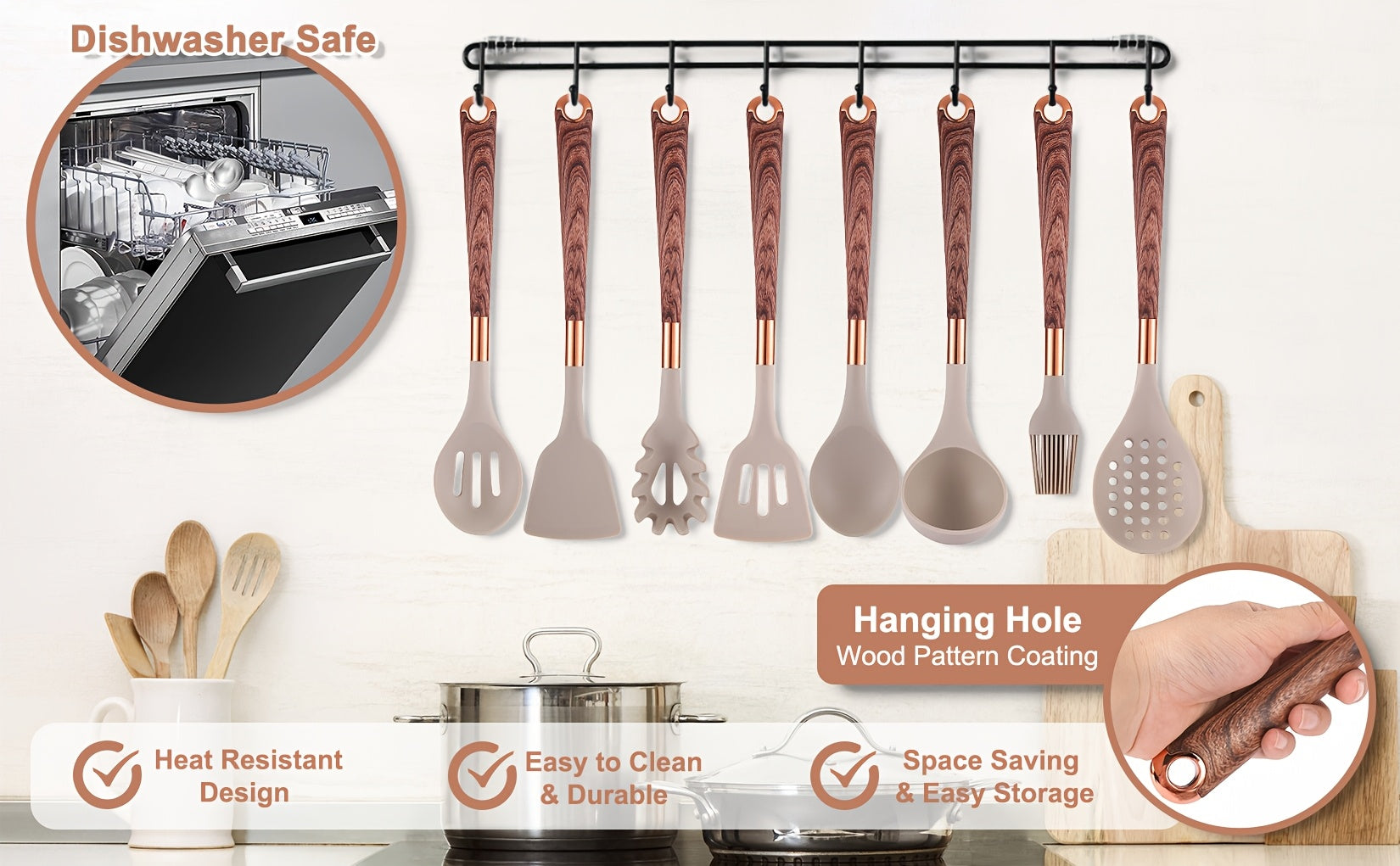 24pcs Silicone Cooking Utensils Set - Kitchen Utensils Set with Storage Box, Wood Pattern Handle Silicone Utensils for Cooking with Food Safety Turner, Pasta Server, Skimmer, Ladle, Spoon, Tong, Whisk