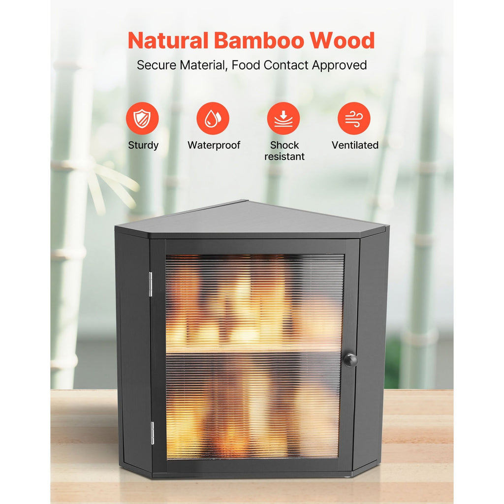 VEVOR Corner Bread Box for Kitchen Counter Double Layer Bamboo Storage Container Black / Natural